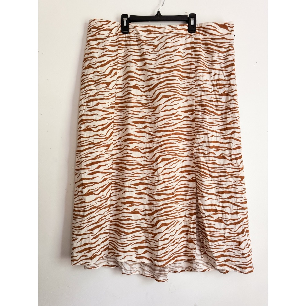 Ava & Viv Women 1X Brown White Zebra Tiger Print Midi Skirt with Pockets Slit